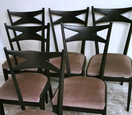 Ebonized Wood and Velvet Chairs in the style of Ico Parisi Style, Set of 6-QRS-1284091