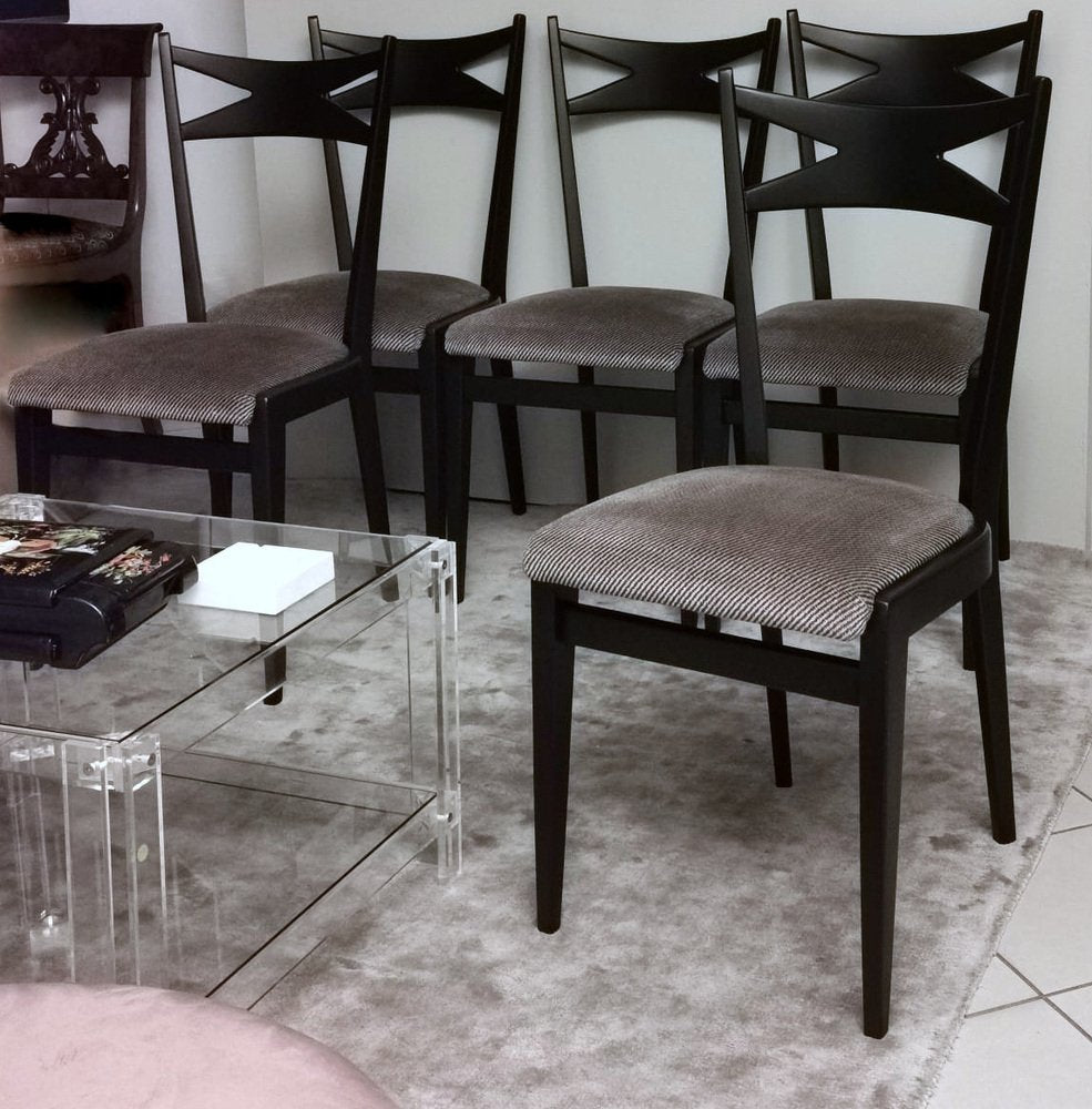 Ebonized Wood and Velvet Chairs in the style of Ico Parisi Style, Set of 6