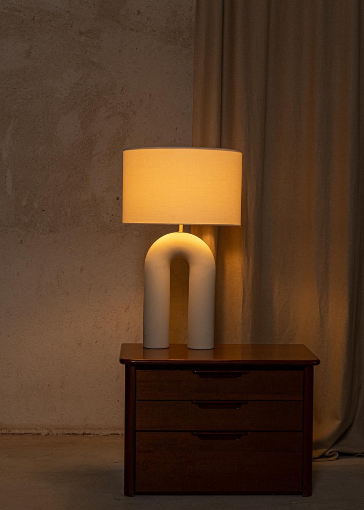 Ecru Ceramic Arko Table Lamp with Grey Olive Lampshade by Simone & Marcel