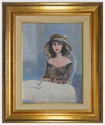 Edmondo Maneglia, Woman with Hat, Oil Painting, 1950, Framed-ZCI-1775763