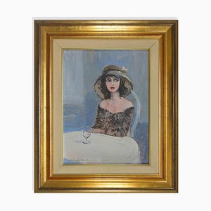 Edmondo Maneglia, Woman with Hat, Oil Painting, 1950, Framed-ZCI-1775763