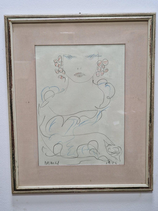 Edolo Masci, Portrait, Pencil and Colored Crayon Drawing, 1970s, Framed