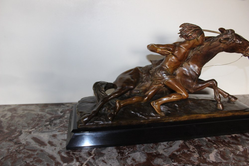 Edouard Drouot, Figure in Ambush in Front of His Horse, 1920s, Bronze