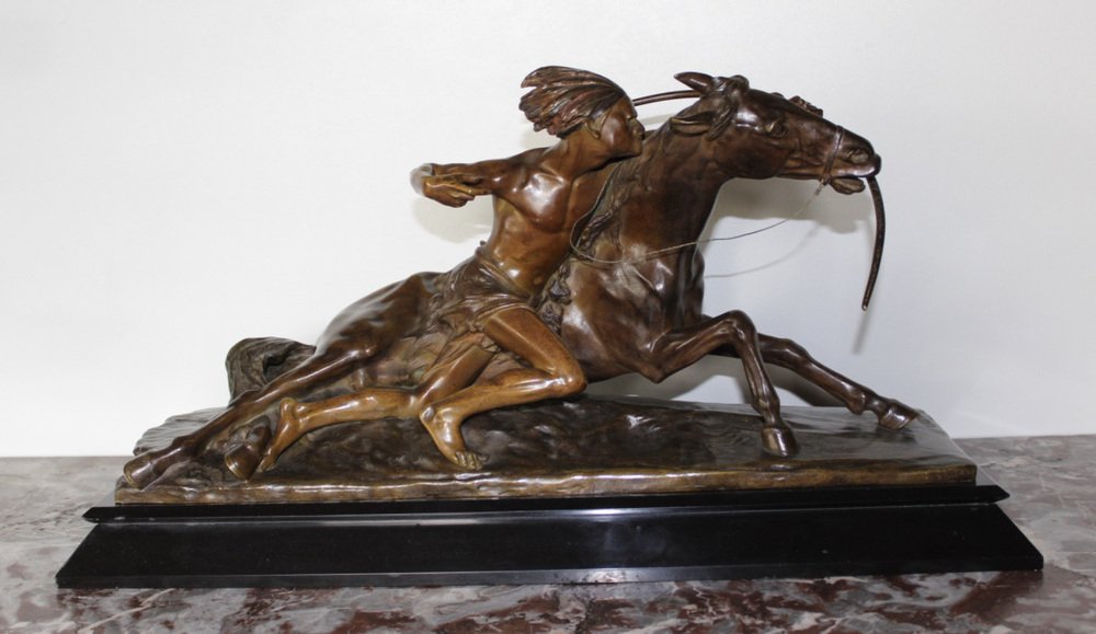 Edouard Drouot, Figure in Ambush in Front of His Horse, 1920s, Bronze