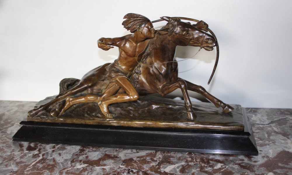 Edouard Drouot, Figure in Ambush in Front of His Horse, 1920s, Bronze