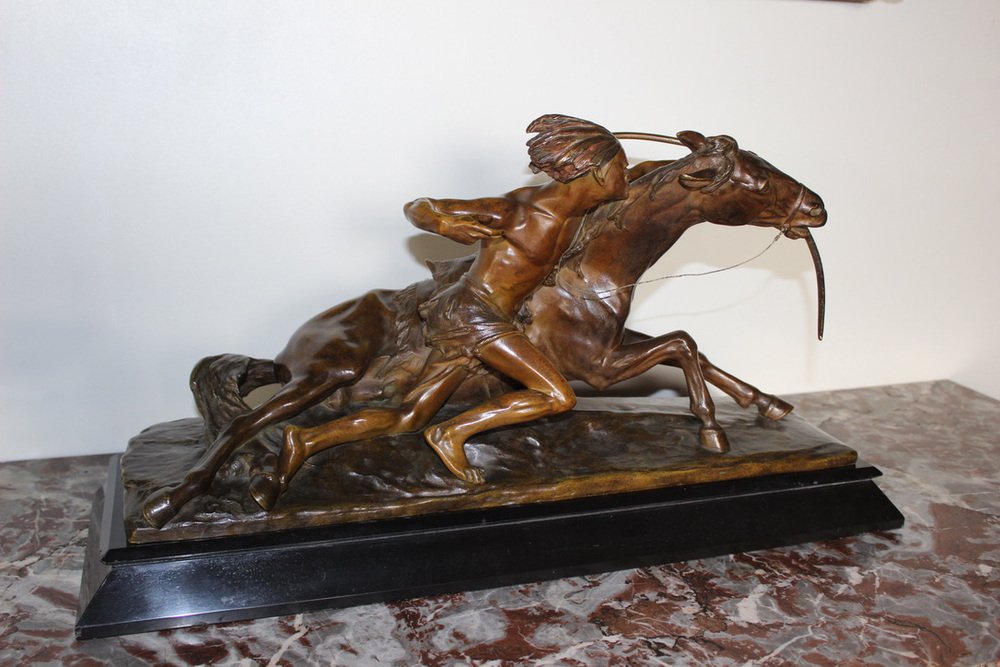 Edouard Drouot, Figure in Ambush in Front of His Horse, 1920s, Bronze