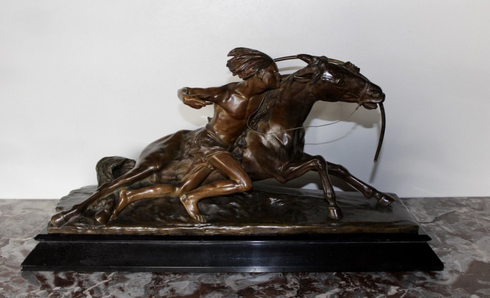 Edouard Drouot, Figure in Ambush in Front of His Horse, 1920s, Bronze