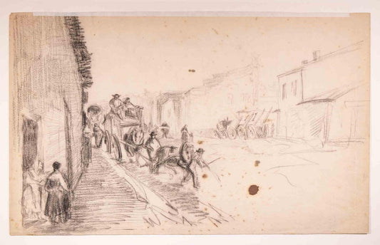 Edouard Dufeu, Carriage, Charcoal Drawing, Late 19th Century