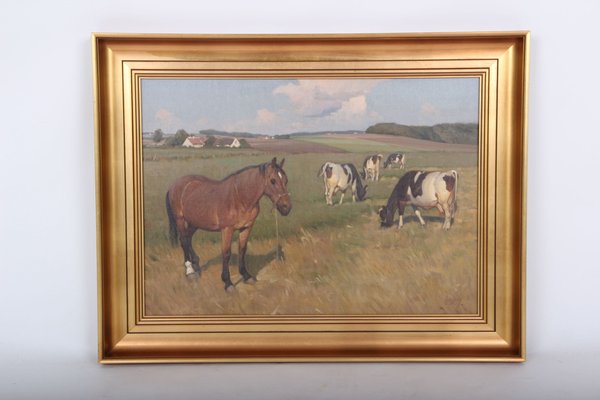 Edsberg Knud, Horse and Cows in the Field, Denmark, 1960s, Oil on Canvas, Framed-DQ-1297333