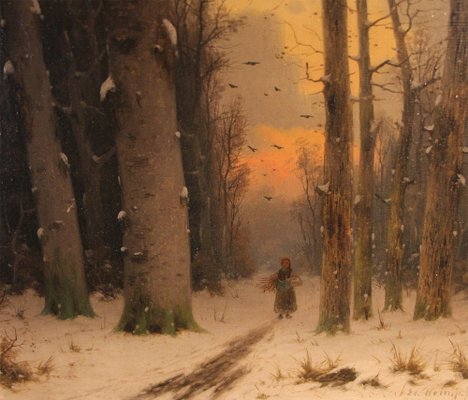 Eduard Hein Jr., The Gatherer in the Snowy Forest, 19th Century, Oil on Canvas, Framed-ZZV-1720871