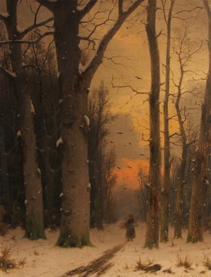 Eduard Hein Jr., The Gatherer in the Snowy Forest, 19th Century, Oil on Canvas, Framed-ZZV-1720871