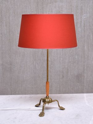 Edvard Hagman Table Lamp in Brass, Elm and Vermillion Shade, Sweden, 1940s-FMT-2021099