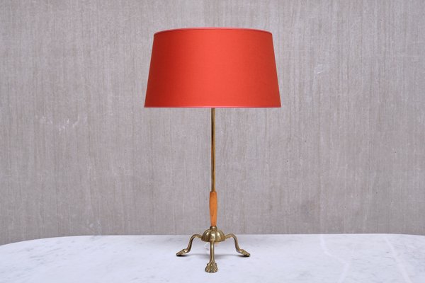 Edvard Hagman Table Lamp in Brass, Elm and Vermillion Shade, Sweden, 1940s-FMT-2021099