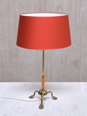 Edvard Hagman Table Lamp in Brass, Elm and Vermillion Shade, Sweden, 1940s-FMT-2021099