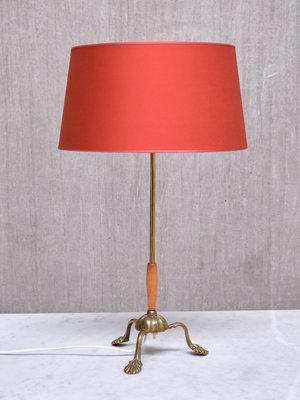 Edvard Hagman Table Lamp in Brass, Elm and Vermillion Shade, Sweden, 1940s-FMT-2021099