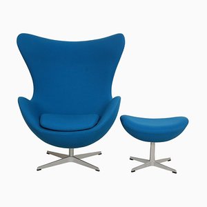 Egg Chair with Ottoman in Blue Fabric by Arne Jacobsen, Set of 2-MTD-1805031