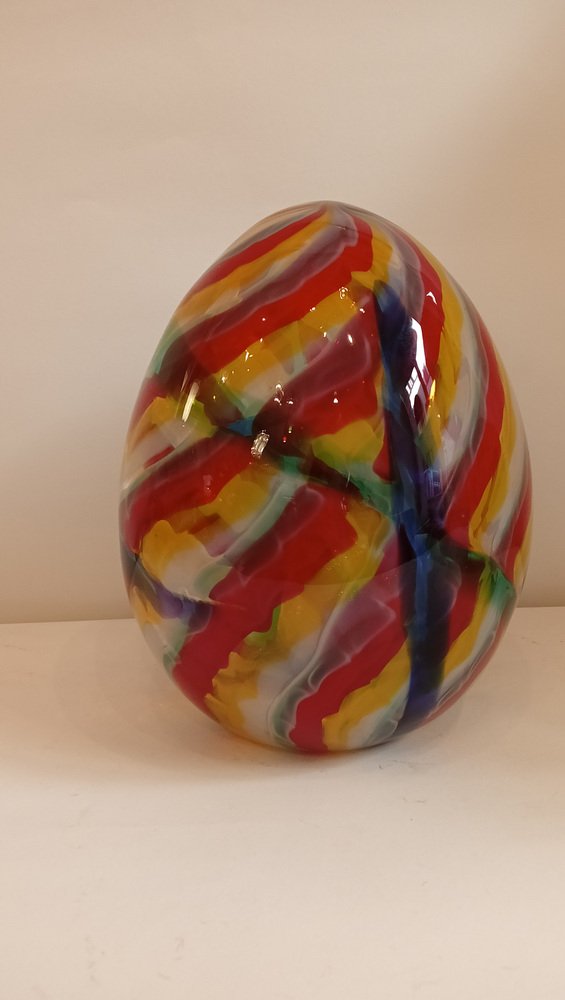 Egg-Shaped Sculpture in Red, Yellow, Blue and Green Banded Glass by Archimede Seguso, Murano, Italy, 1970s