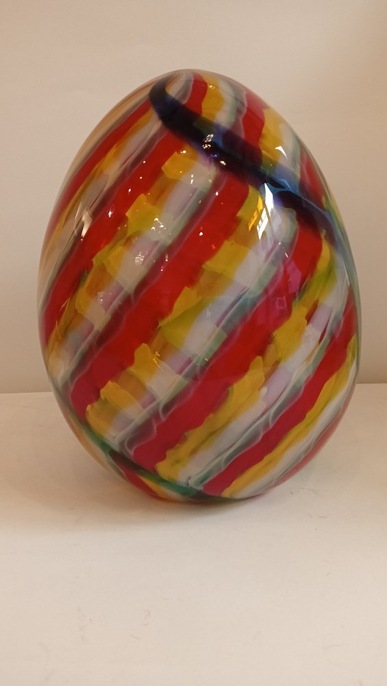 Egg-Shaped Sculpture in Red, Yellow, Blue and Green Banded Glass by Archimede Seguso, Murano, Italy, 1970s