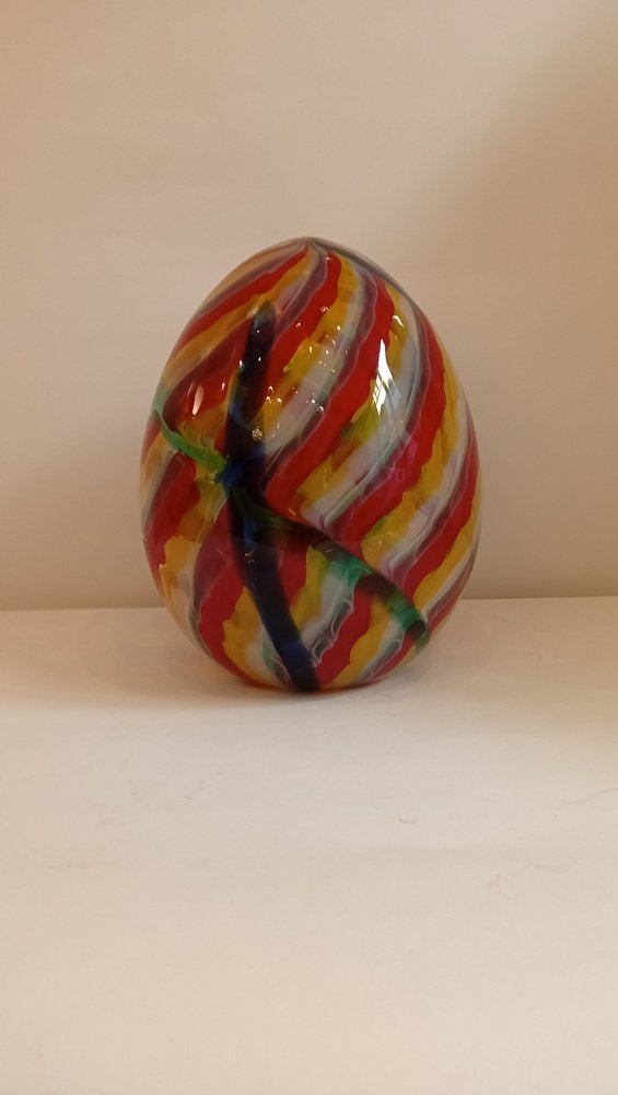 Egg-Shaped Sculpture in Red, Yellow, Blue and Green Banded Glass by Archimede Seguso, Murano, Italy, 1970s