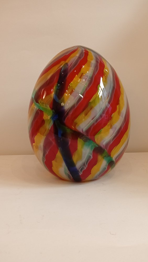 Egg-Shaped Sculpture in Red, Yellow, Blue and Green Banded Glass by Archimede Seguso, Murano, Italy, 1970s