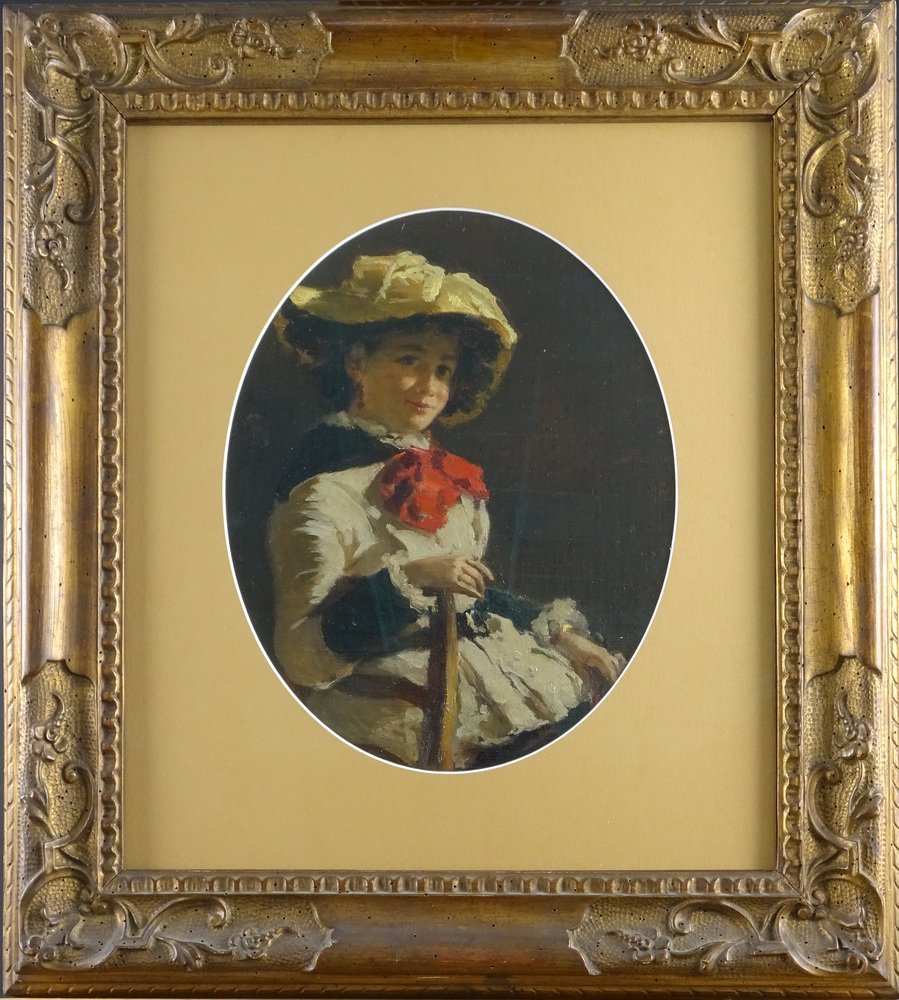 Egisto Lancerotto, Portrait of Young Girl with Red Bow, 1900, Oil on Canvas on Cardboard-MLN-1408392