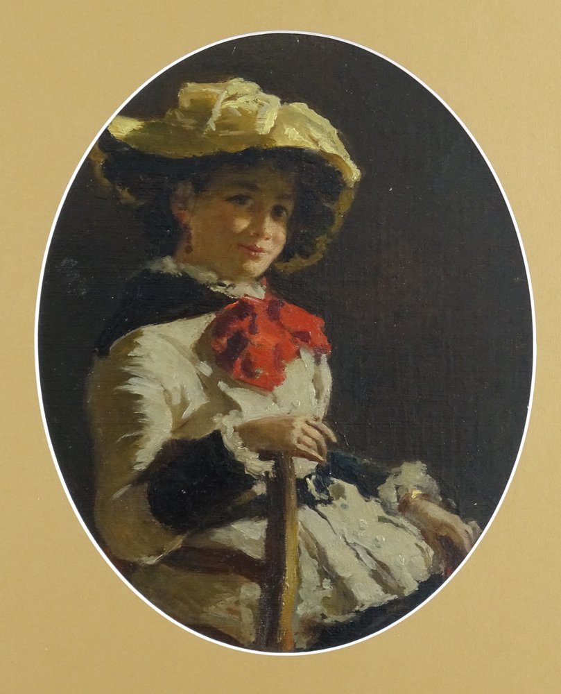 Egisto Lancerotto, Portrait of Young Girl with Red Bow, 1900, Oil on Canvas on Cardboard-MLN-1408392