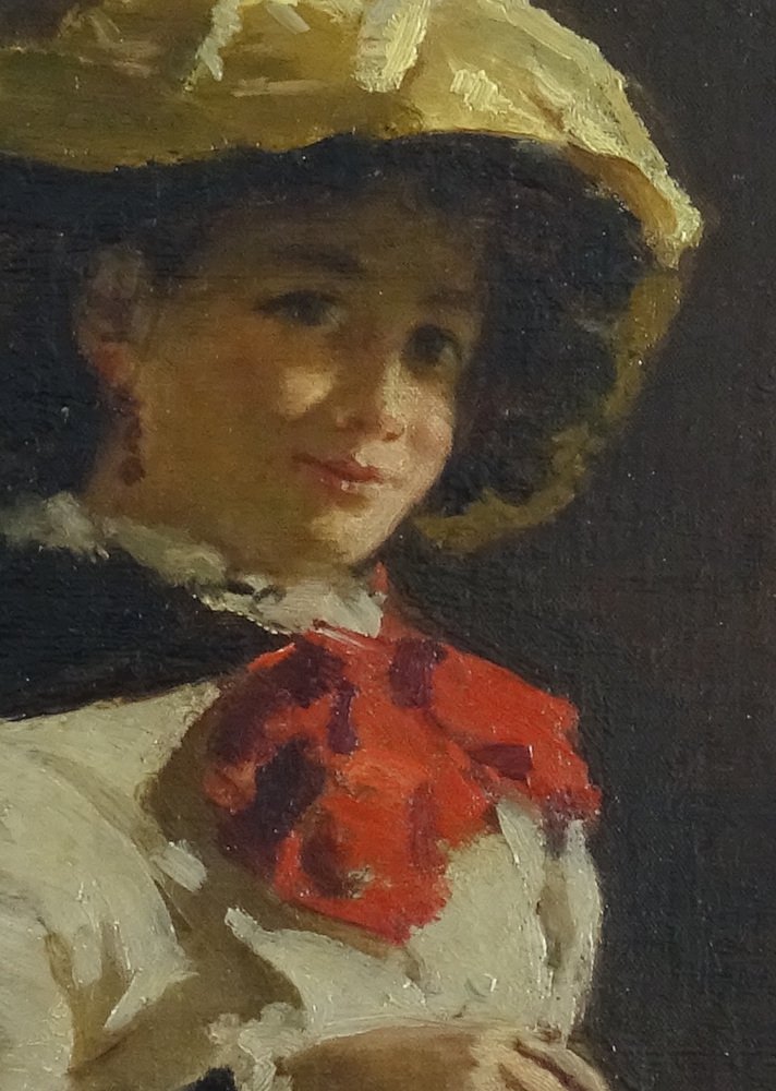 Egisto Lancerotto, Portrait of Young Girl with Red Bow, 1900, Oil on Canvas on Cardboard-MLN-1408392