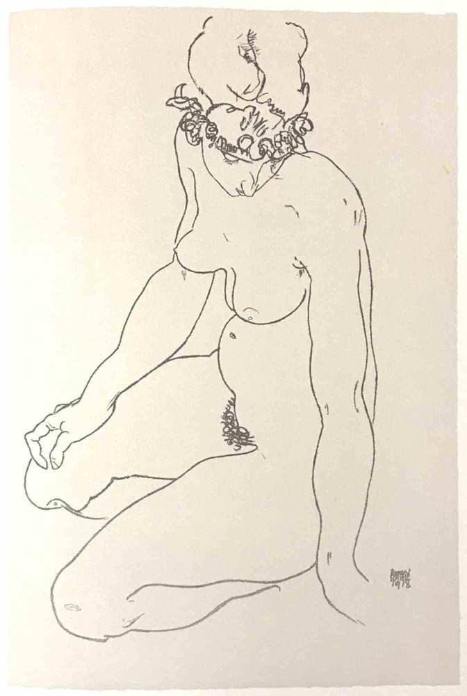 Egon Schiele, Kneeling Female Nude Turning to the Right, Lithograph, 2007