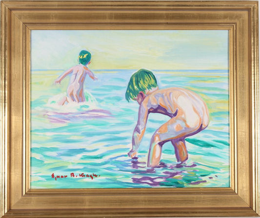 Ejnar R. Kragh, Children Bathing at the Beach, 1960s, Oil on Canvas, Framed