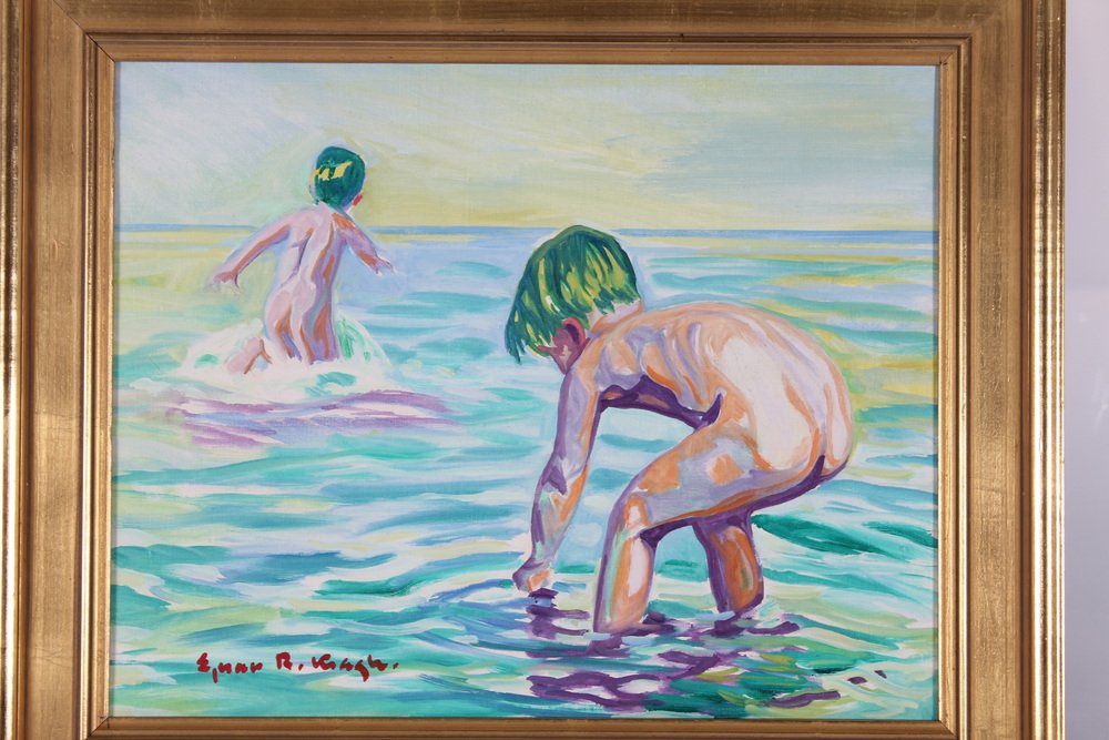 Ejnar R. Kragh, Children Bathing at the Beach, 1960s, Oil on Canvas, Framed