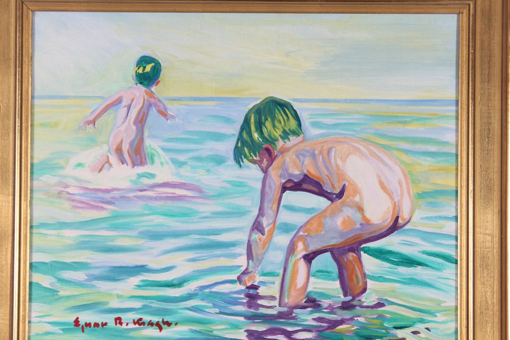 Ejnar R. Kragh, Children Bathing at the Beach, 1960s, Oil on Canvas, Framed