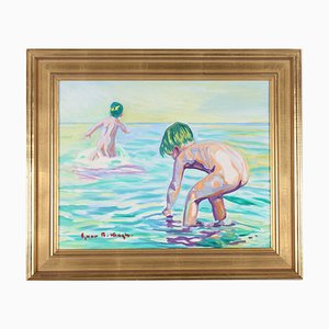 Ejnar R. Kragh, Children Bathing at the Beach, 1960s, Oil on Canvas, Framed-QQ-1372846