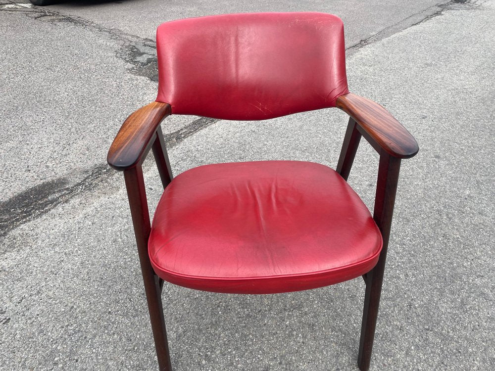 Elbow Armchair in Original Red Leather by Erik Kirkegaard for Hong Möbelfabrik, 1965