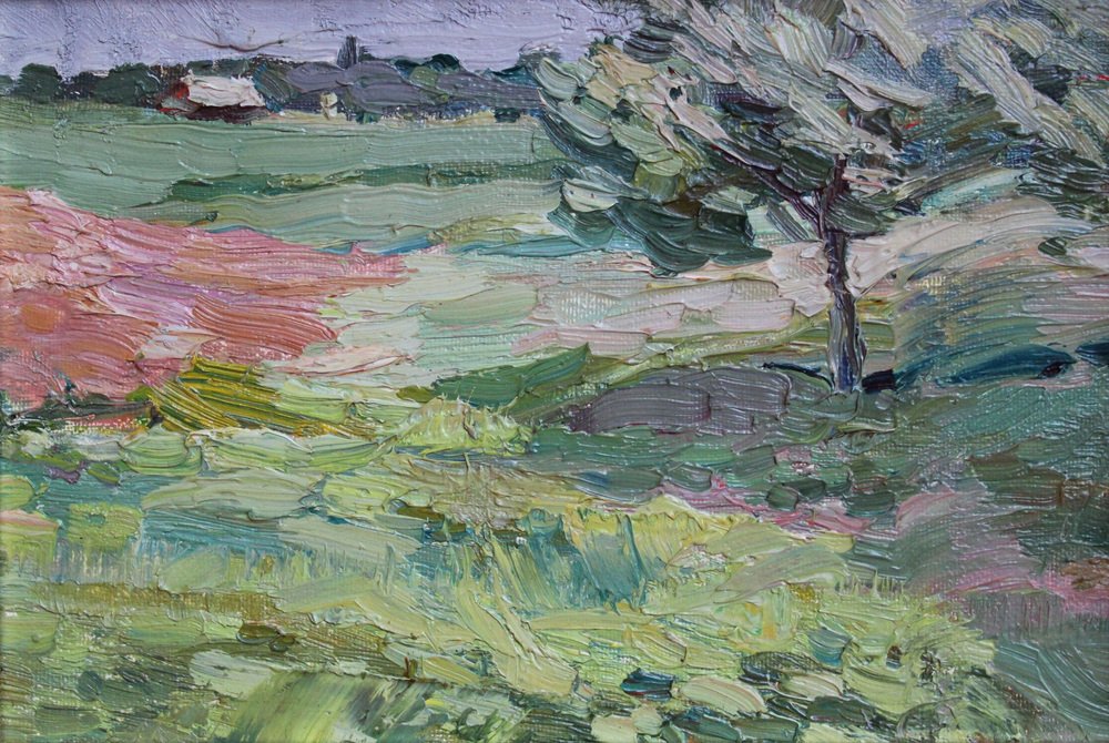 Elena Jantschak, Landscape with Tree, 1961, Oil on Cardboard, Framed