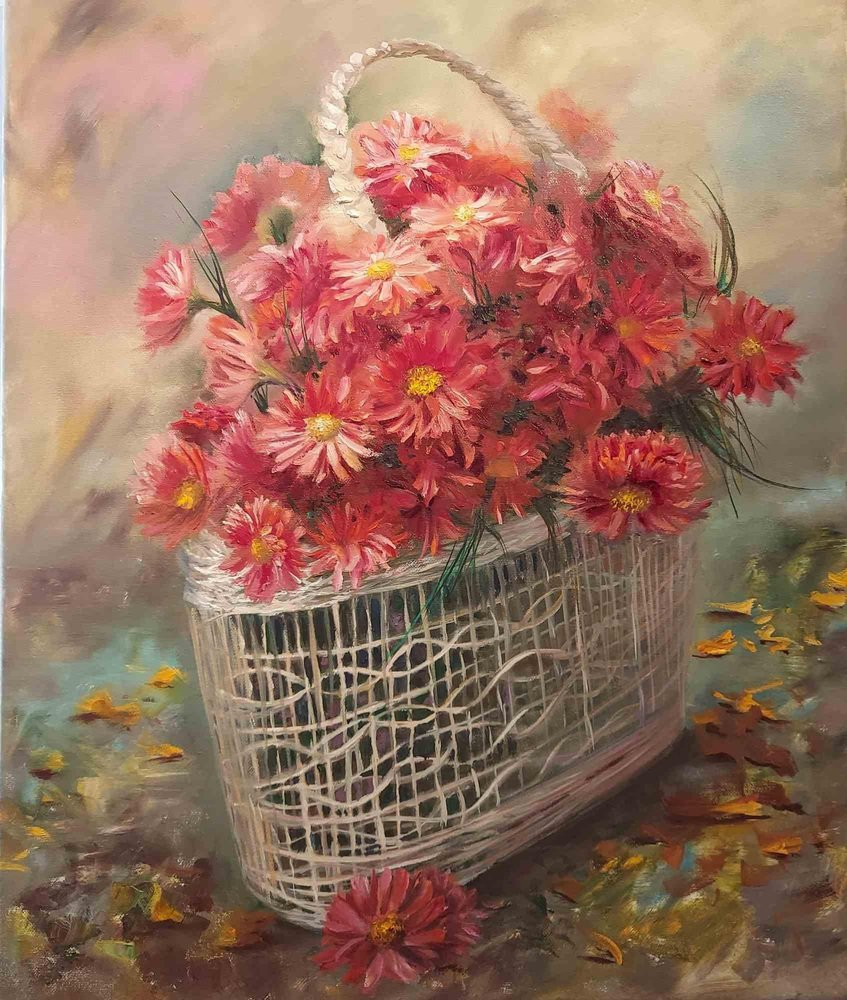 Elena Mardashova, Coral Flowers, Oil Painting, 2023