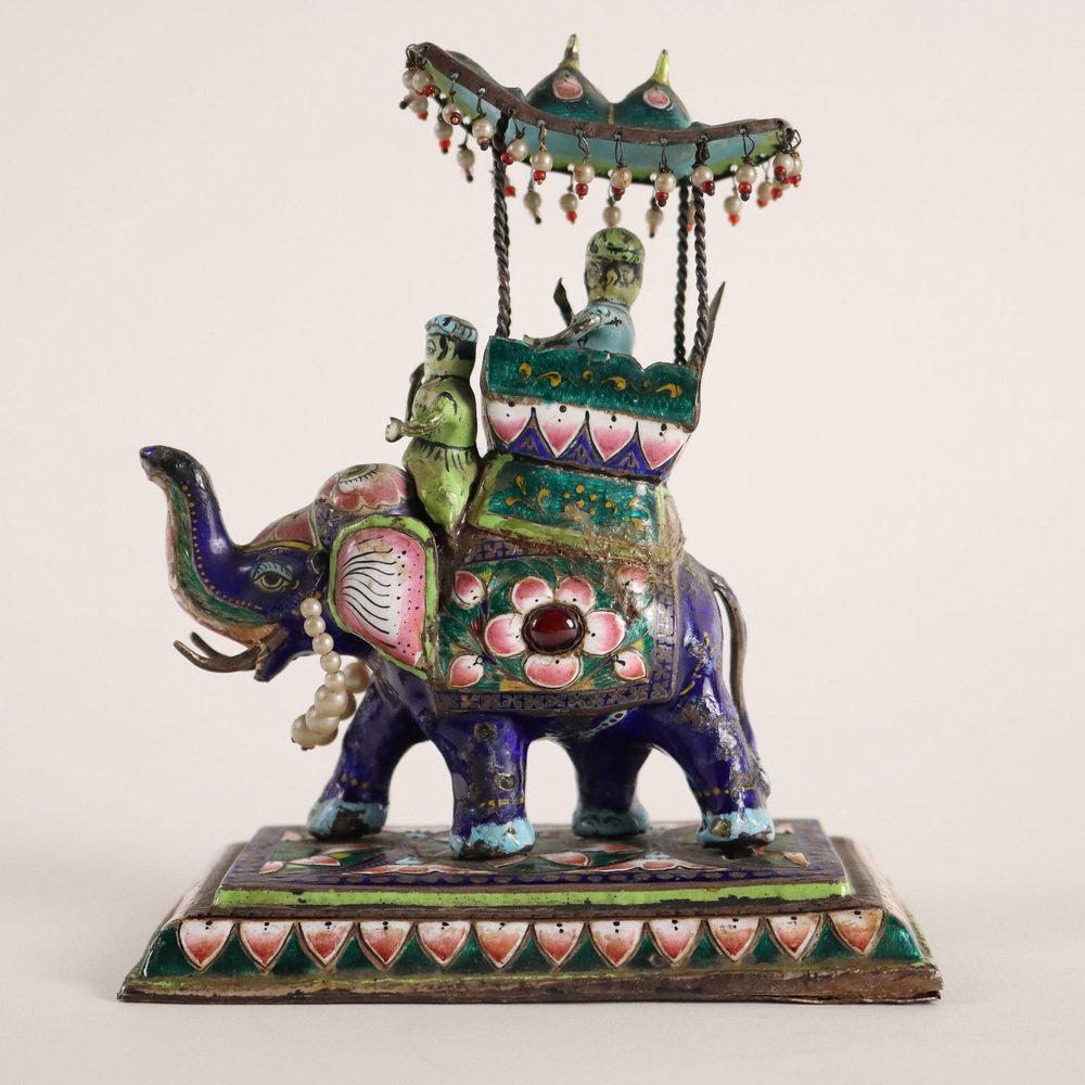 Elephant Figurine with Enameled Silver Beads, Early 20th Century