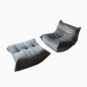 Elephant Grey Velvet Togo Lounge Chair and Pouf by Michel Ducaroy for Ligne Roset, Set of 2-IXA-743409