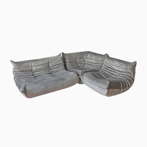 Elephant Grey Velvet Togo Lounge Chair, Corner Chair and 2-Seat Sofa by Michel Ducaroy for Ligne Roset, Set of 3-IXA-692497