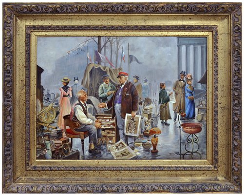 Elio Ferrara, Marché Aux Puces, 1980s, Oil on Canvas, Framed-YUW-1314656