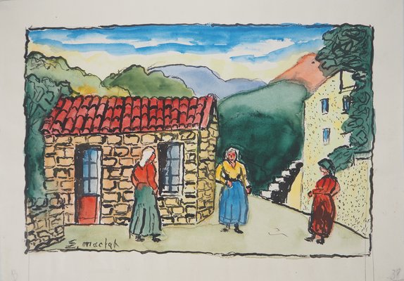 Elisée Maclet, Bretonnes à l'Entrée du Village, Watercolor, Early 20th Century-KHH-1387658