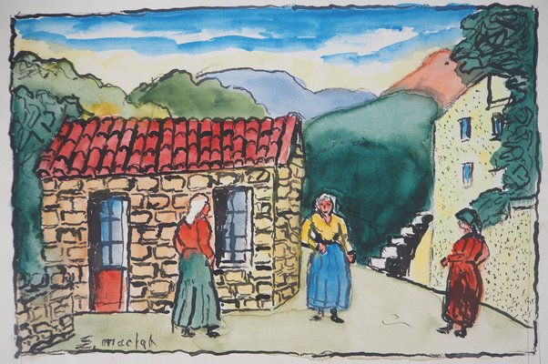 Elisée Maclet, Bretonnes à l'Entrée du Village, Watercolor, Early 20th Century-KHH-1387658