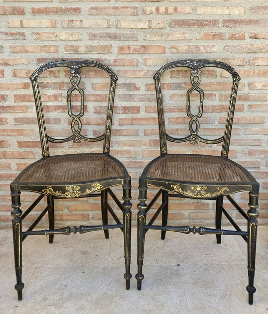 Elizabethan Chairs in Lacquered Black, 1840, Set of 2