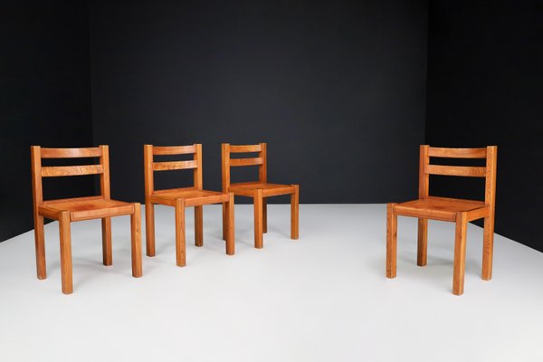 Elm and Cognac Leather Dining Room Chairs, Italy, 1950s, Set of 4-TRW-1797132