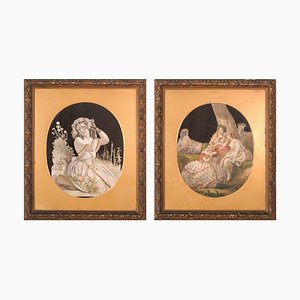 Embossed Victorian Collages, Ink & Textitle on Paper, Framed, Set of 2-AOI-1106756