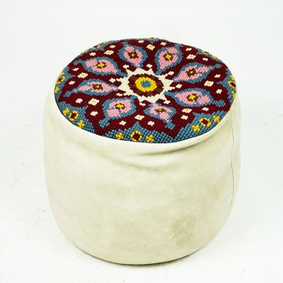 Embroidered Seat Pouf in White Leather, 1960s-MH-1803981