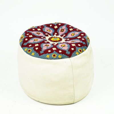 Embroidered Seat Pouf in White Leather, 1960s-MH-1803981