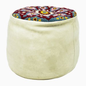 Embroidered Seat Pouf in White Leather, 1960s-MH-1803981