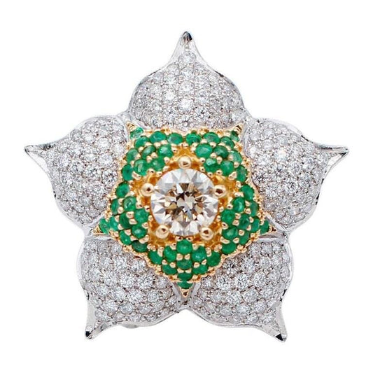 Emerald, Diamond & 18 Karat White and Yellow Gold Flower Ring