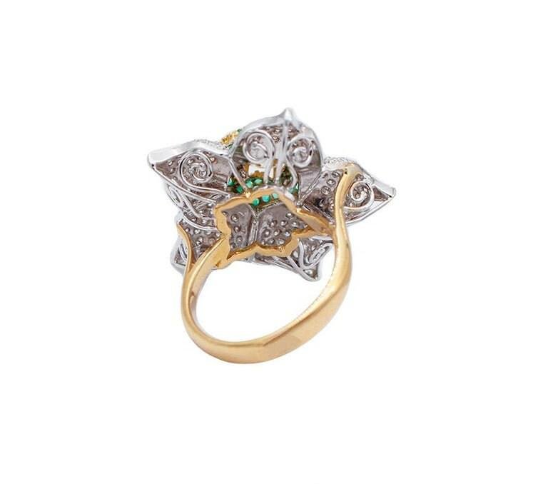 Emerald, Diamond & 18 Karat White and Yellow Gold Flower Ring