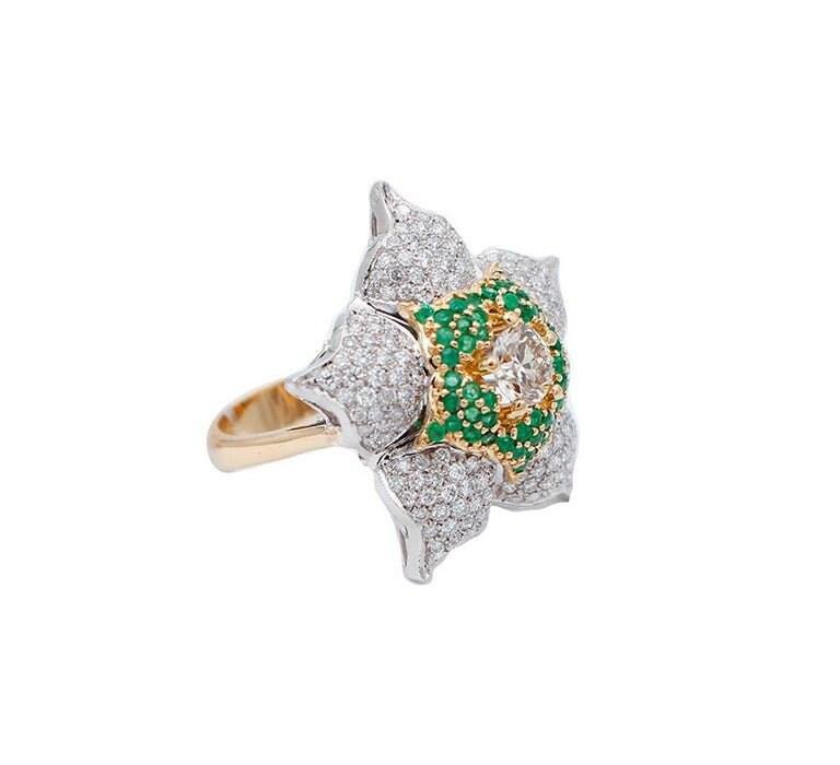 Emerald, Diamond & 18 Karat White and Yellow Gold Flower Ring